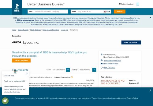 
                            9. Lycos, Inc. | Complaints | Better Business Bureau® Profile