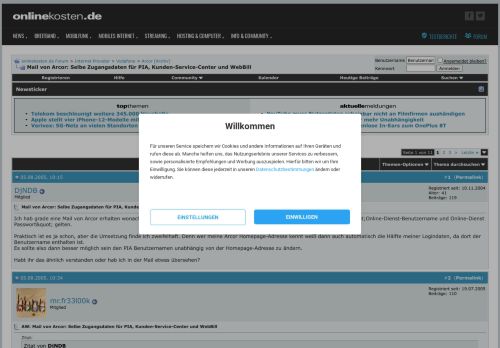 
                            7. Mail von Arcor: Selbe Zugangsdaten für PIA, Kunden-Service-Center ...