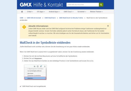 
                            7. MailCheck in der Symbolleiste einblenden - GMX Hilfe