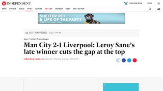 
                            8. Man City 2-1 Liverpool: Leroy Sane's late winner cuts the gap at the ...