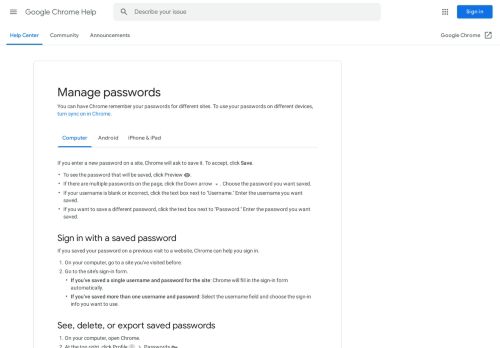 
                            4. Manage saved passwords - Computer - Google Chrome Help