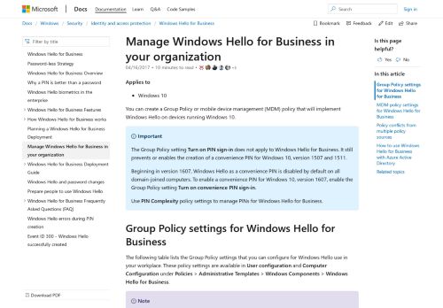 
                            1. Manage Windows Hello in your organization (Windows 10 ...