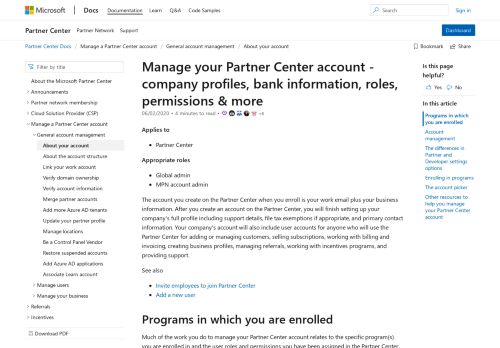 
                            11. Manage your Partner Center account - Partner Center | Microsoft Docs