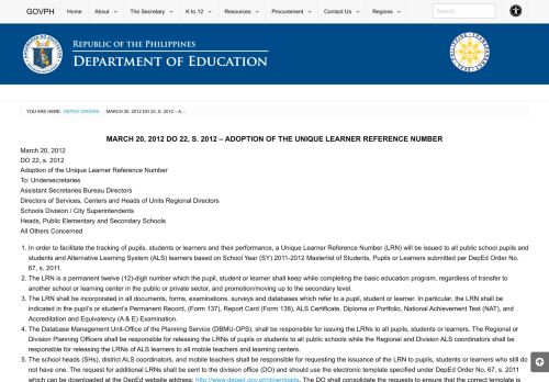 
                            3. March 20, 2012 DO 22, s. 2012 – Adoption of the Unique ... - DepEd