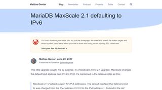 
                            10. MariaDB MaxScale 2.1 defaulting to IPv6 - Mattias Geniar