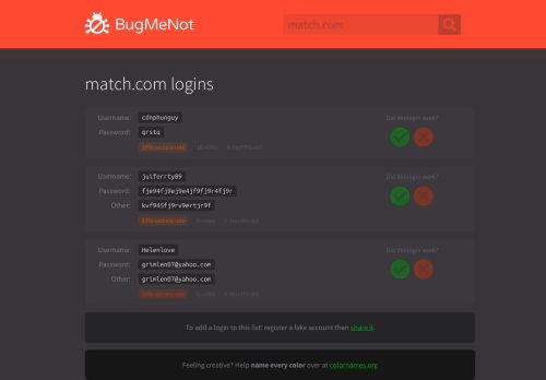 
                            7. match.com passwords - BugMeNot