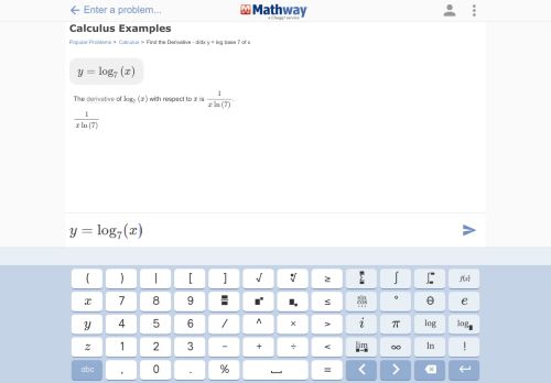 
                            3. Mathway | Find the Derivative - d/dx y= log base 7 of x