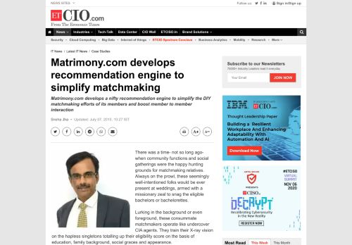 
                            12. Matrimony.com develops recommendation engine to simplify ... - ET CIO