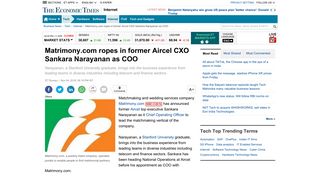 
                            11. Matrimony.com ropes in former Aircel CXO Sankara Narayanan as COO