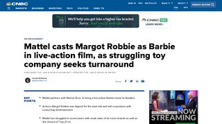 
                            10. Mattel taps Margot Robbie as Barbie, as toy company seeks turnaround