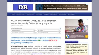 
                            9. MCGM Recruitment 2018, 291 Sub Engineer Vacancies, Apply Online ...