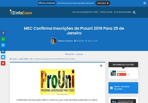 
                            13. MEC Confirma Inscrições do Prouni 2019 Para 29 de Janeiro • infoEnem