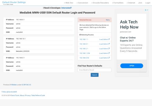 
                            7. Medialink MWN-USB150N Default Router Login and Password