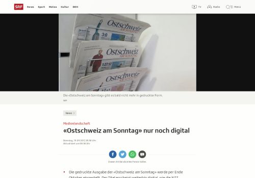 
                            10. Medienlandschaft - «Ostschweiz am Sonntag» nur noch digital - News ...