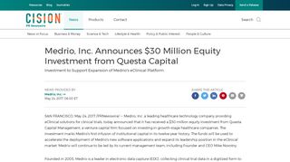 
                            11. Medrio, Inc. Announces $30 Million Equity Investment from Questa ...