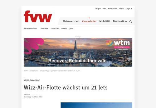 
                            13. Mega-Expansion: Wizz-Air-Flotte wächst um 21 Jets - fvw