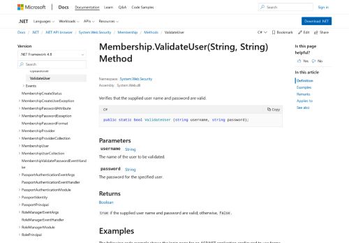 
                            3. Membership.ValidateUser(String, String) Method (System.Web ...