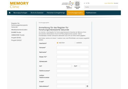
                            5. Memory Clinic - Probandenregister Onlineanmeldung