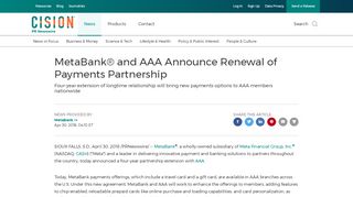 
                            13. MetaBank® and AAA Announce Renewal of Payments ... - PR Newswire