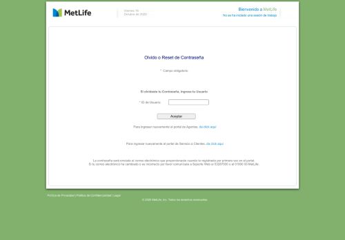 
                            8. MetLife México - Servicios en Línea | Olvido de Contraseña