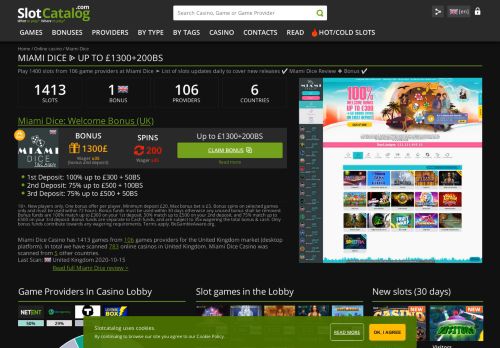 
                            13. Miami Dice casino - 100% up to £2500 + 50BS - SlotCatalog