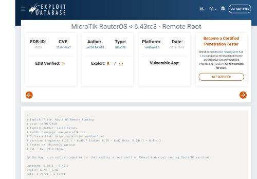 
                            12. MicroTik RouterOS < 6.43rc3 - Remote Root - Exploit Database