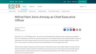 
                            12. Milind Pant Joins Amway as Chief Executive Officer - PR Newswire