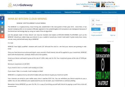 
                            4. MINR.BZ BITCOIN CLOUD MINING | MLM Gateway