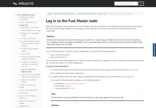 
                            13. Mirantis Documentation: Log in to the Fuel Master node