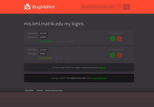 
                            3. mis.kml.matrik.edu.my passwords - BugMeNot