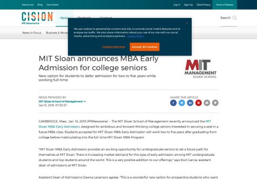 
                            9. MIT Sloan announces MBA Early Admission for college seniors