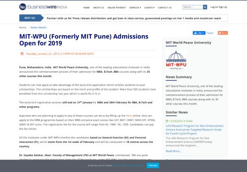 
                            10. MIT-WPU (Formerly MIT Pune) Admissions Open for 2019