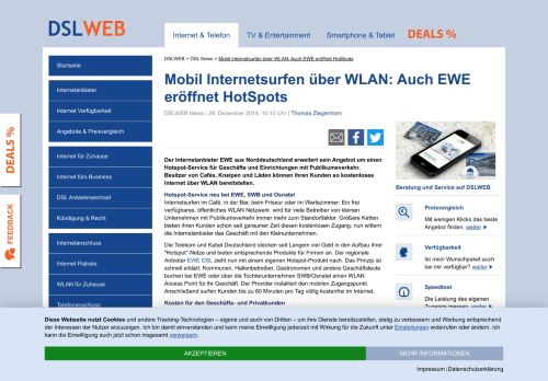 
                            8. Mobil Internetsurfen über WLAN: Auch EWE eröffnet HotSpots