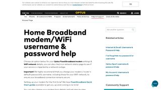
                            13. Modem/WiFi Username & Password Help: Fixed Broadband - Optus