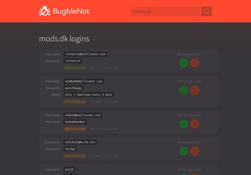 
                            6. mods.dk passwords - BugMeNot