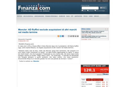 
                            12. Moncler: AD Ruffini esclude acquisizioni di altri marchi nel medio ...