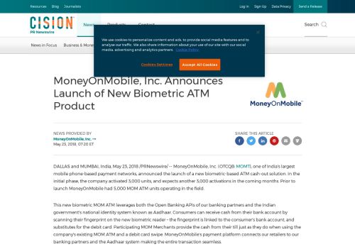 
                            11. MoneyOnMobile, Inc. Announces Launch of New Biometric ATM Product