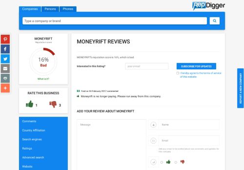 
                            7. MONEYRIFT - 1 Review, 16% Reputation Score - RepDigger