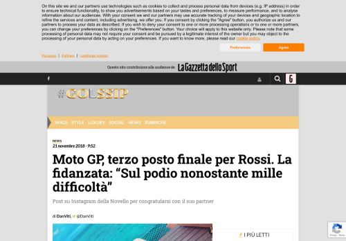 
                            12. Moto GP, terzo posto finale per Rossi. La fidanzata: “Sul podio ...