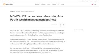 
                            9. MOVES-UBS names new co-heads for Asia Pacific wealth ... - Reuters