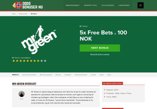 
                            3. Mr Green Bonus » Sport 5000 NOK » Casino 1000 NOK → feb. 2019