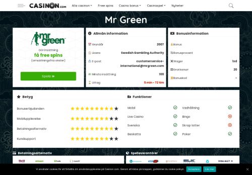 
                            6. Mr Green Casino - 100% bonus + 200 Freespins: Konto med BankID