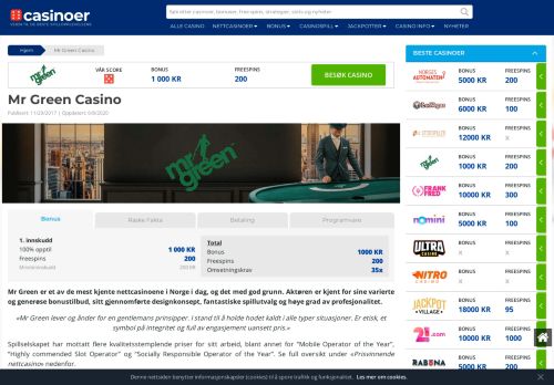 
                            5. Mr Green Casino anmeldelse - Få 200 freespins og 1000 kr i bonus