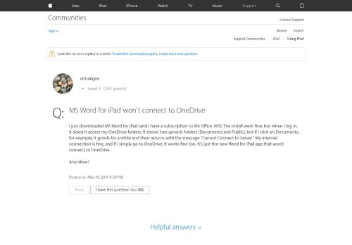 
                            7. MS Word for iPad won't connect to OneDrive - Apple Community