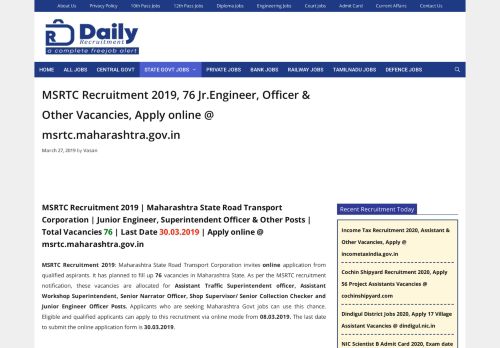 
                            12. MSRTC Recruitment 2019, 65 Engineer, Officer & Other Vacancies ...