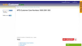 
                            3. MTS Customer Care Numbers 1800 2081 955 | India Customer Care