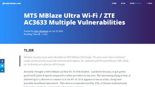 
                            7. MTS MBlaze Ultra Wi-Fi / ZTE AC3633 - Multiple Vulnerabilities