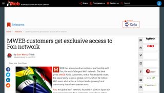 
                            12. MWEB customers get exclusive access to Fon network | ITWeb