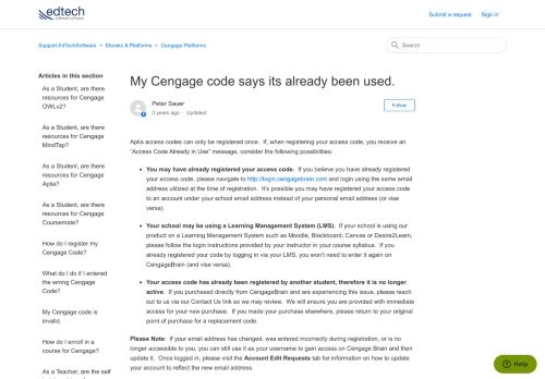 
                            12. My Cengage code says its already been used. – Support ...