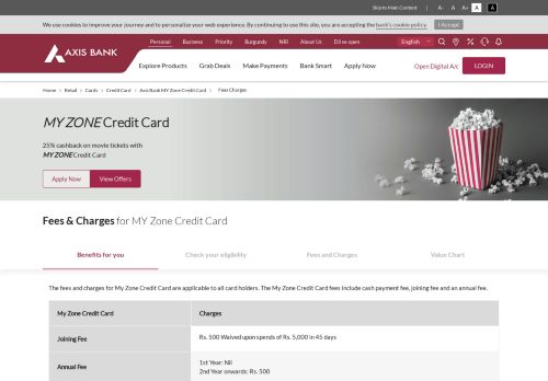 
                            2. MY Zone Credit Card Fees and Charges Axis Bank